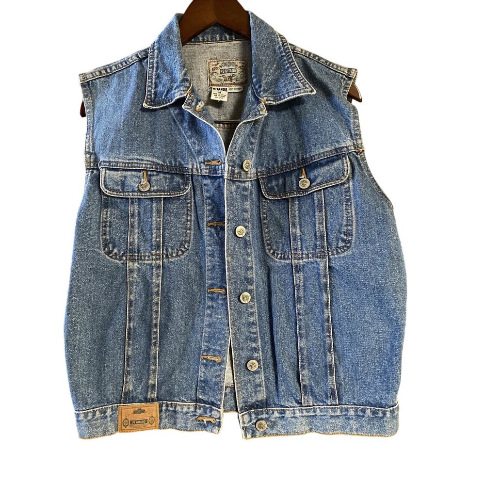80's Vintage PS Gitano Women's Medium Jean Denim Button Up Vest Button Down